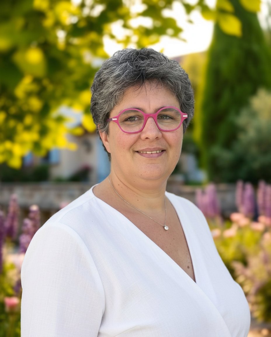 Annabelle Jutard, conseillère immobilière SAFTI, dans le jardin d'une maison en pierre de Touraine
