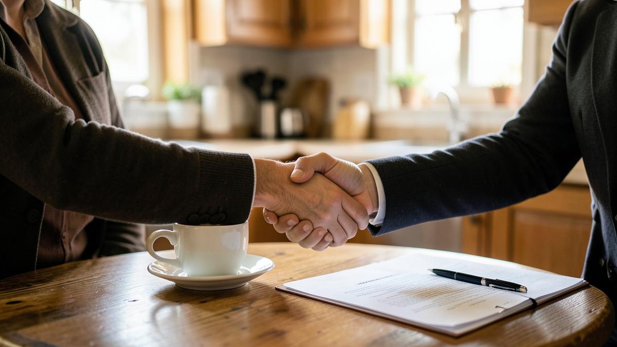 Poignée de main professionnelle autour d’un café et de documents immobiliers dans une cuisine de maison tourangelle