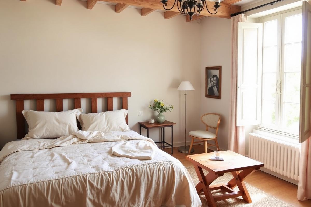 Chambre préparée pour la vente dans une maison de campagne en Touraine : poutres apparentes, linge de lit en lin naturel et mobilier en bois brut