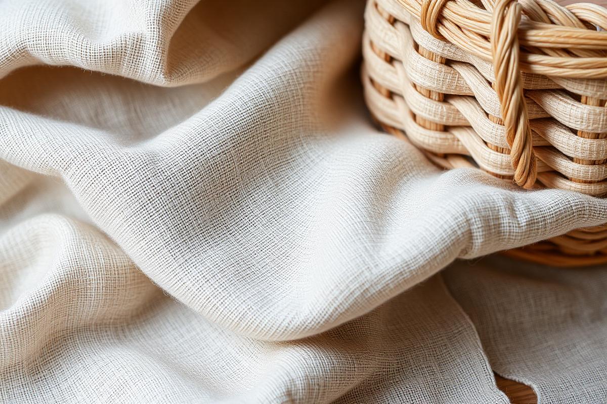 Détail de matières naturelles pour le home staging : textile en lin froissé, panier en rotin et bois brut sous une lumière douce