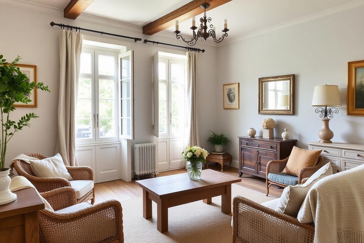 Home staging après : le même salon en Touraine avec volets ouverts, fauteuils en rotin, plaid en lin et table basse en bois brut